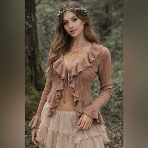 Ribbed Knit Ruffle Open Tie Front Cardigan Bell Sleeve Forest Fairy Grunge Y2K L